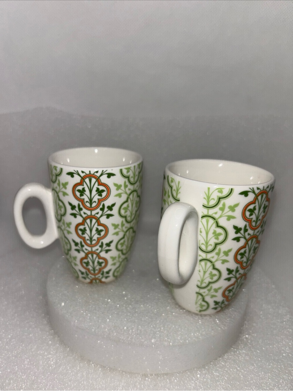 Pier 1 Imports Demitasse Cups White W/ Green & Orange Ceramic Espresso Set of 2